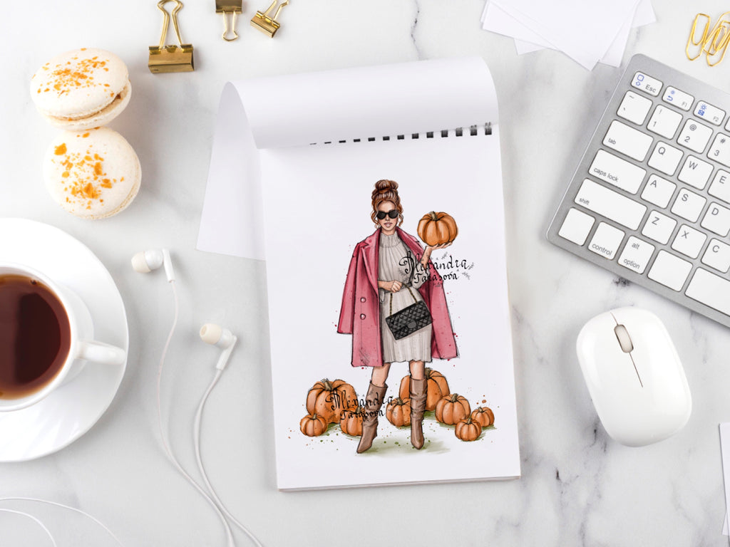 Digital watercolor illustration instant download fashion pumpkin