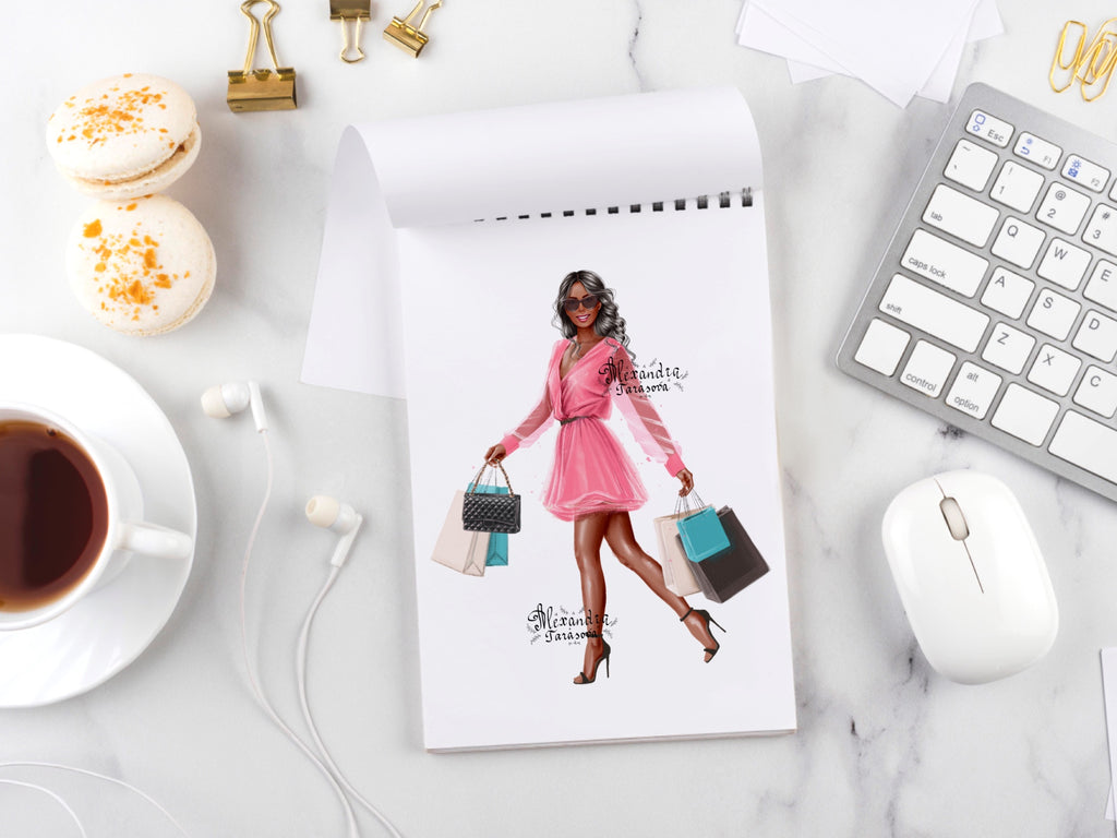 Digital Illustration Stylish Girl Trendy Pink Dress Shopping Bags Wavy Hairstyles Printable Art