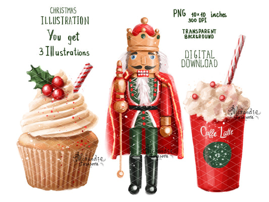 Digital watercolor illustration Christmas Gifts Trendy Cupcake Coffee Latte Red Nutcracker Clipart Printable Art