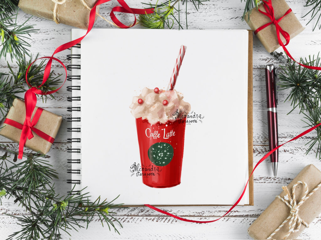Digital watercolor illustration Christmas Gifts Trendy Cupcake Coffee Latte Red Nutcracker Clipart Printable Art