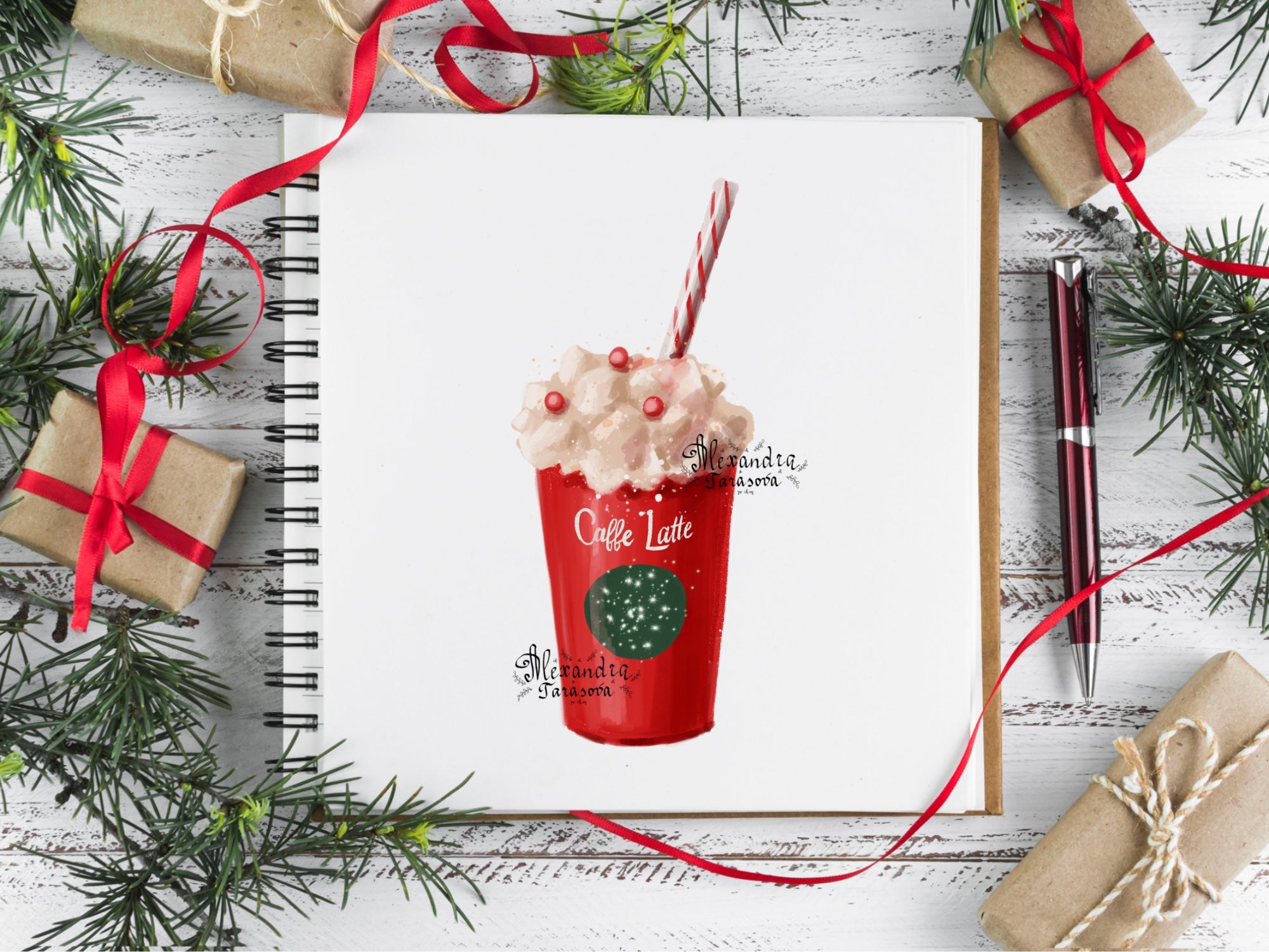 Digital watercolor illustration Christmas Gifts Trendy Cupcake Coffee Latte Red Nutcracker Clipart Printable Art