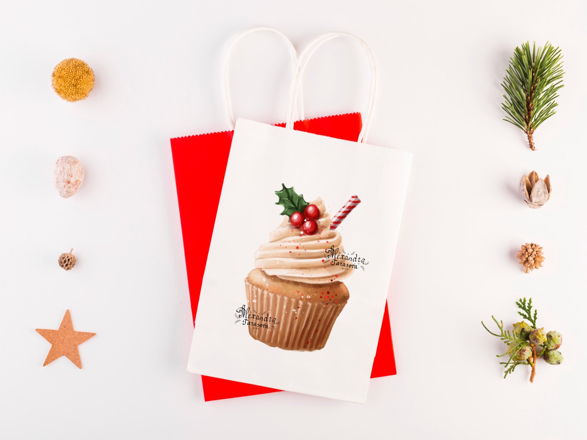 Digital watercolor illustration Christmas Gifts Trendy Cupcake Coffee Latte Red Nutcracker Clipart Printable Art