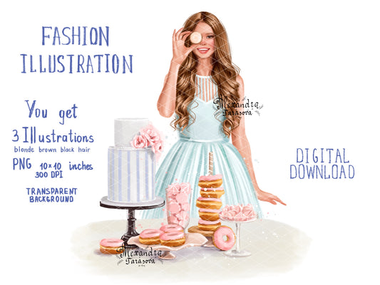 Digital Watercolor Illustration Fashion Baking Girl Trendy Hairstyles Blue Dress Painting Art