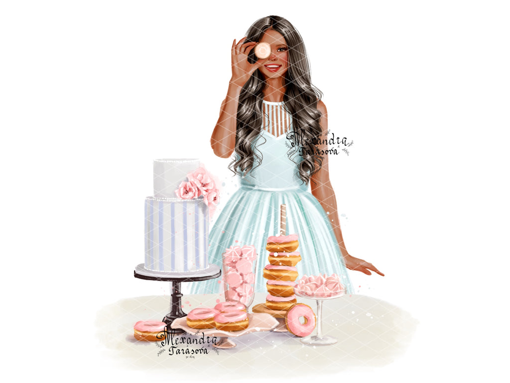 Digital Watercolor Illustration Fashion Baking Girl Trendy Hairstyles Blue Dress Painting Art