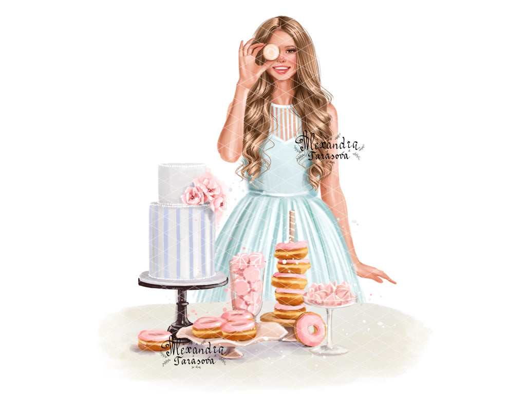 Digital Watercolor Illustration Fashion Baking Girl Trendy Hairstyles Blue Dress Painting Art