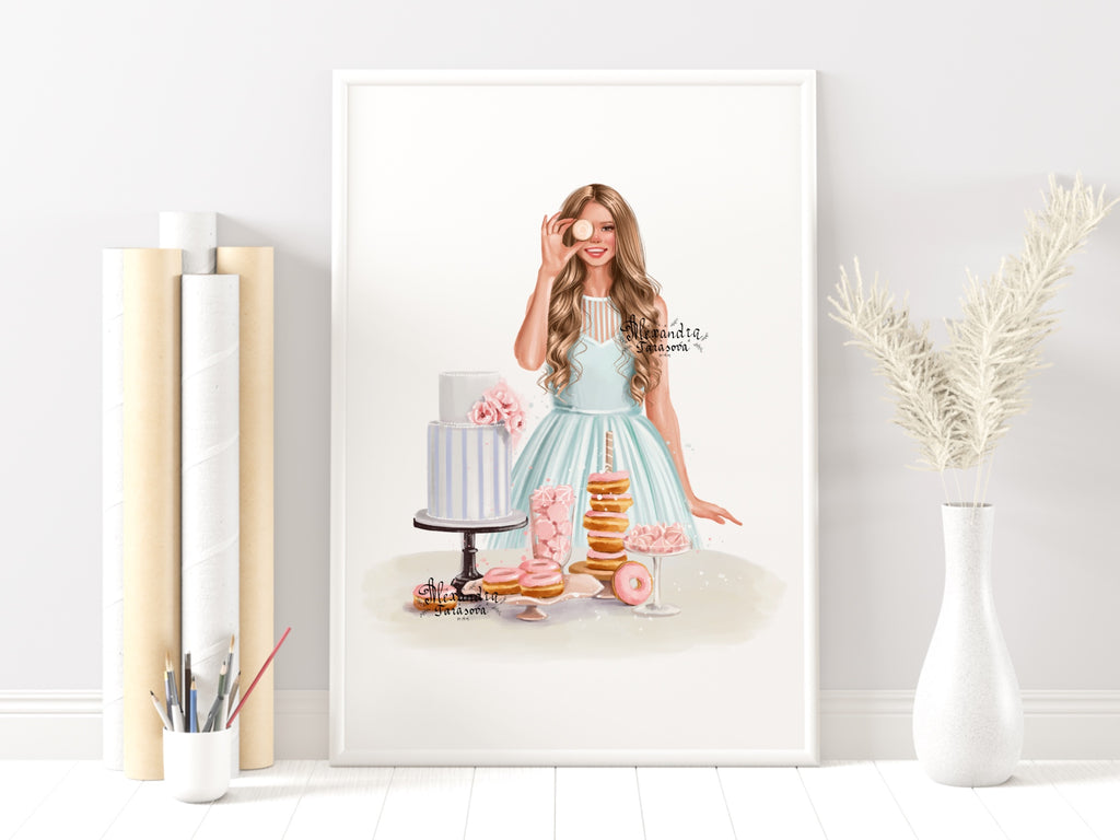 Digital Watercolor Illustration Fashion Baking Girl Trendy Hairstyles Blue Dress Painting Art