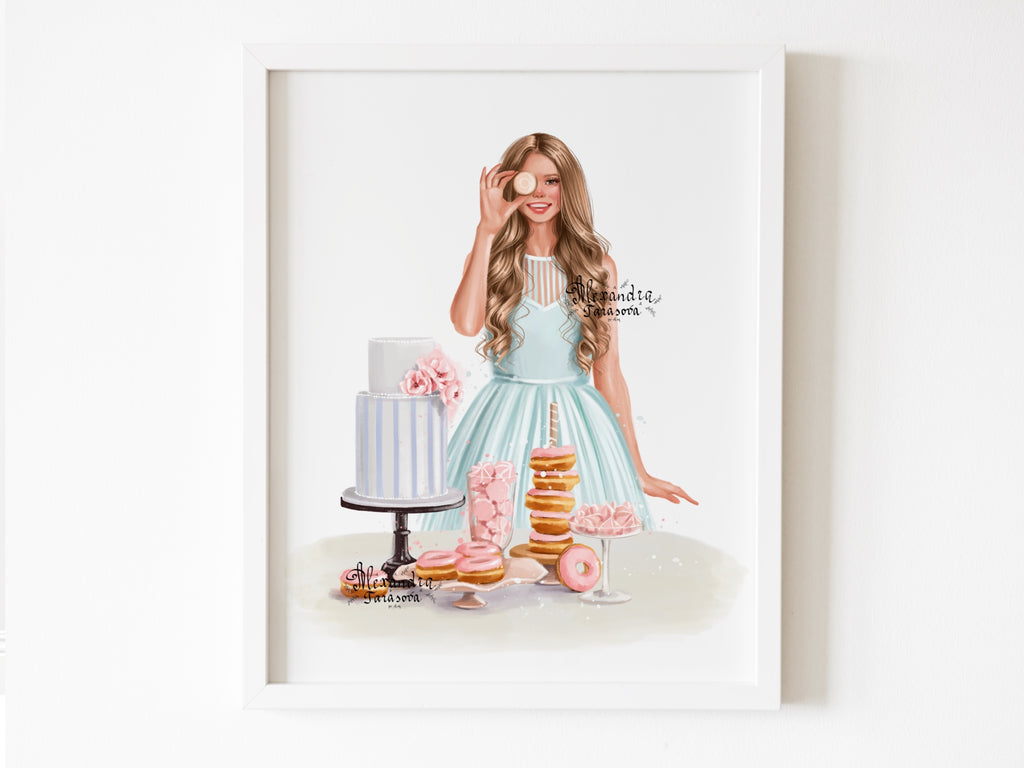 Digital Watercolor Illustration Fashion Baking Girl Trendy Hairstyles Blue Dress Painting Art