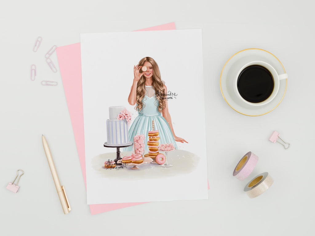 Digital Watercolor Illustration Fashion Baking Girl Trendy Hairstyles Blue Dress Painting Art