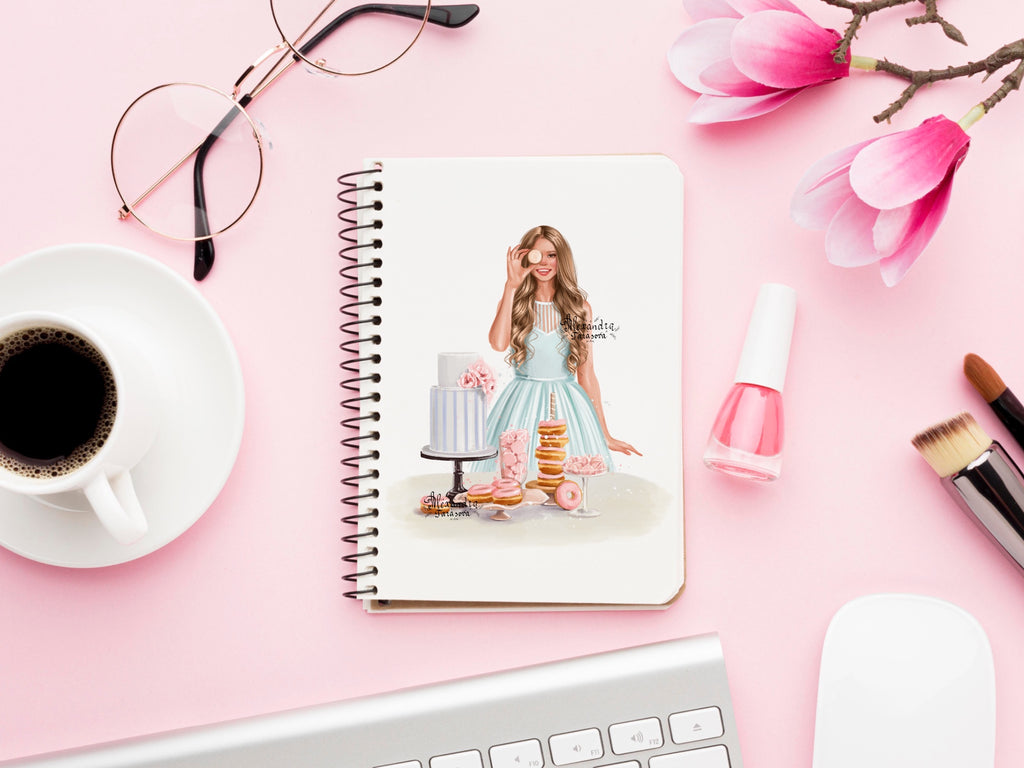 Digital Watercolor Illustration Fashion Baking Girl Trendy Hairstyles Blue Dress Painting Art