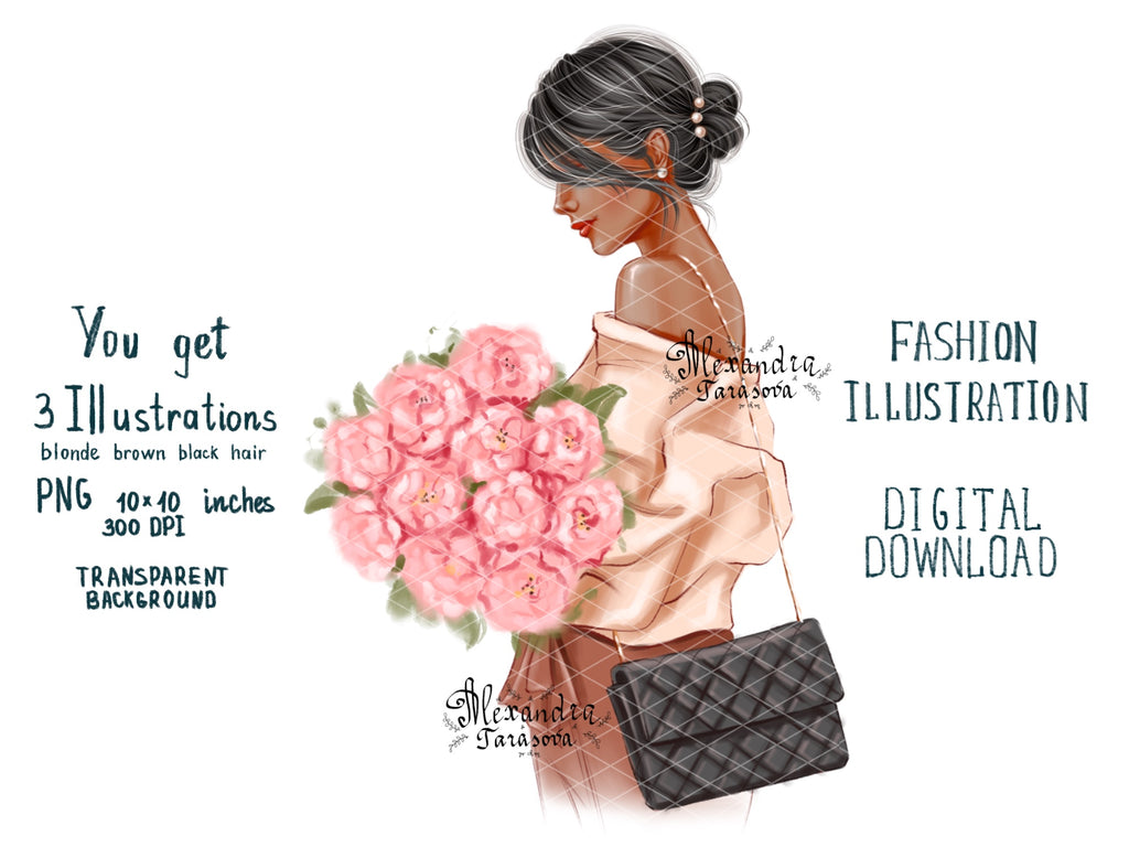 Digital Watercolor Illustration Fashion Black Girl Trendy Hairstyles Bun Stylish Flower Printable Art