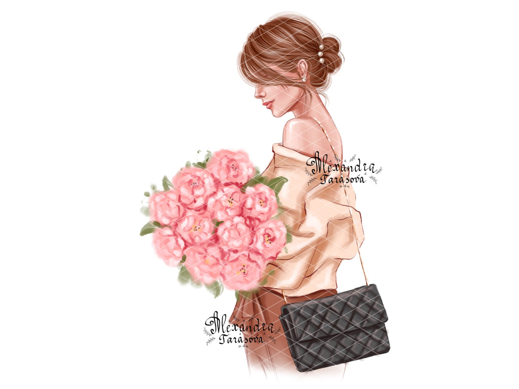 Digital Watercolor Illustration Fashion Black Girl Trendy Hairstyles Bun Stylish Flower Printable Art