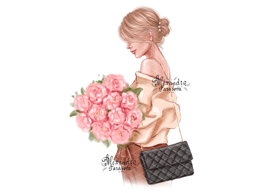 Digital Watercolor Illustration Fashion Black Girl Trendy Hairstyles Bun Stylish Flower Printable Art