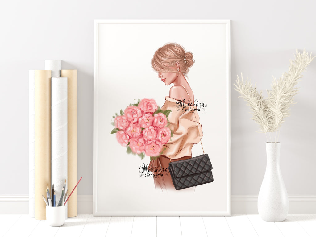 Digital Watercolor Illustration Fashion Black Girl Trendy Hairstyles Bun Stylish Flower Printable Art