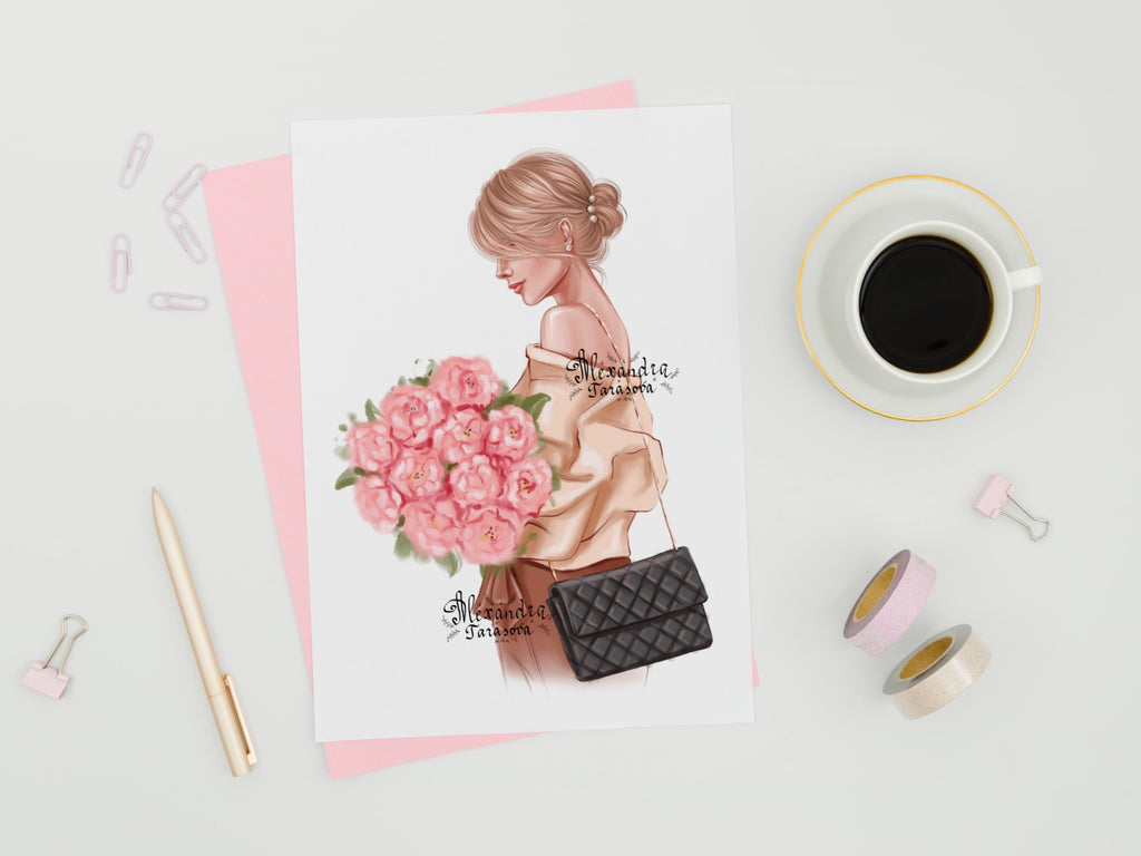 Digital Watercolor Illustration Fashion Black Girl Trendy Hairstyles Bun Stylish Flower Printable Art