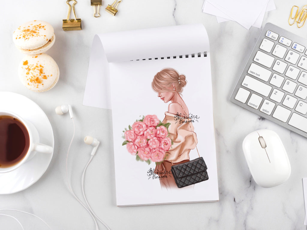 Digital Watercolor Illustration Fashion Black Girl Trendy Hairstyles Bun Stylish Flower Printable Art