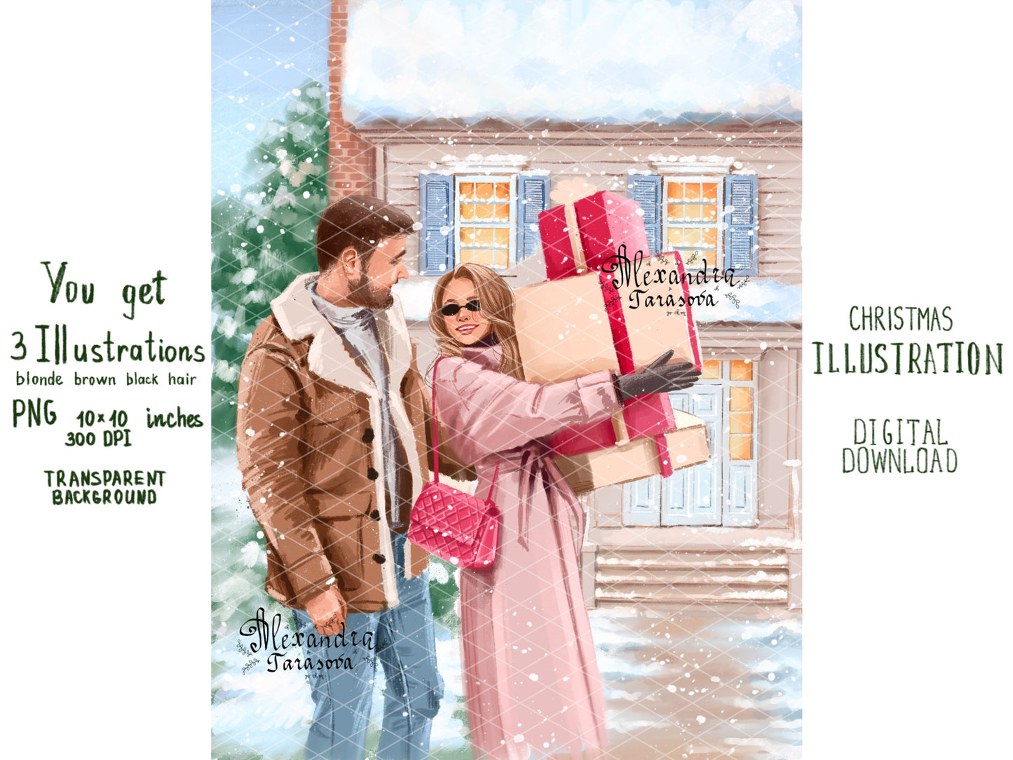 Digital Watercolor Illustration Fashion Family Sweet Home Christmas Winter New Year Holiday Gifts Printable Art