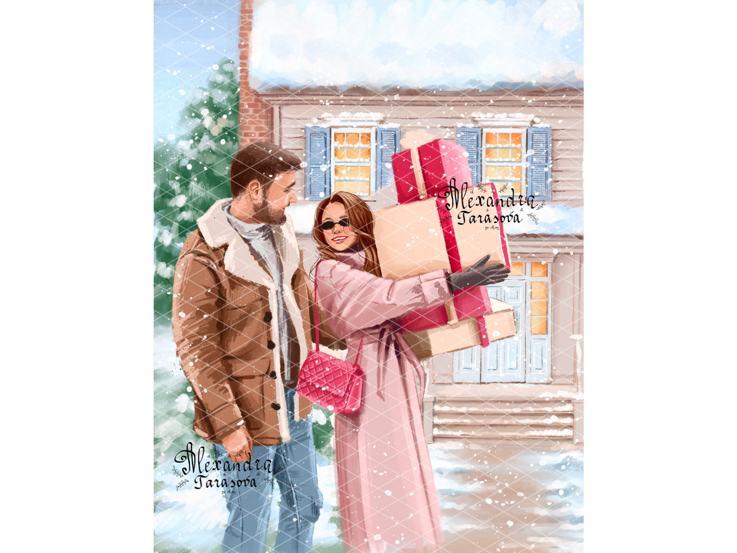 Digital Watercolor Illustration Fashion Family Sweet Home Christmas Winter New Year Holiday Gifts Printable Art