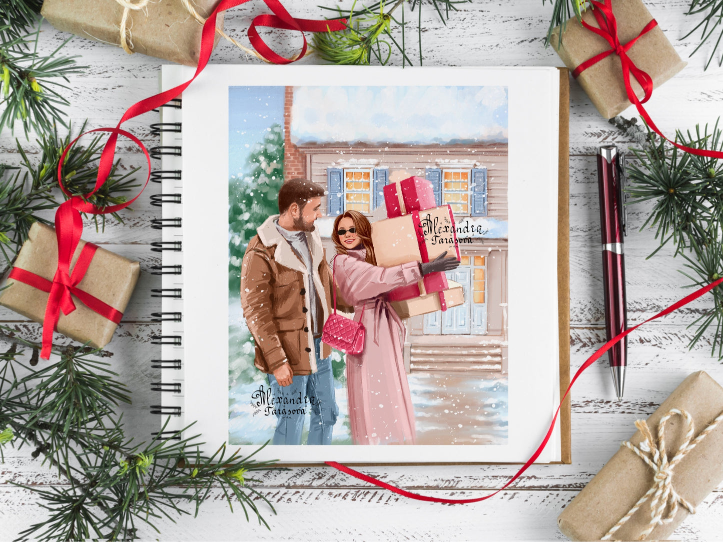 Digital Watercolor Illustration Fashion Family Sweet Home Christmas Winter New Year Holiday Gifts Printable Art