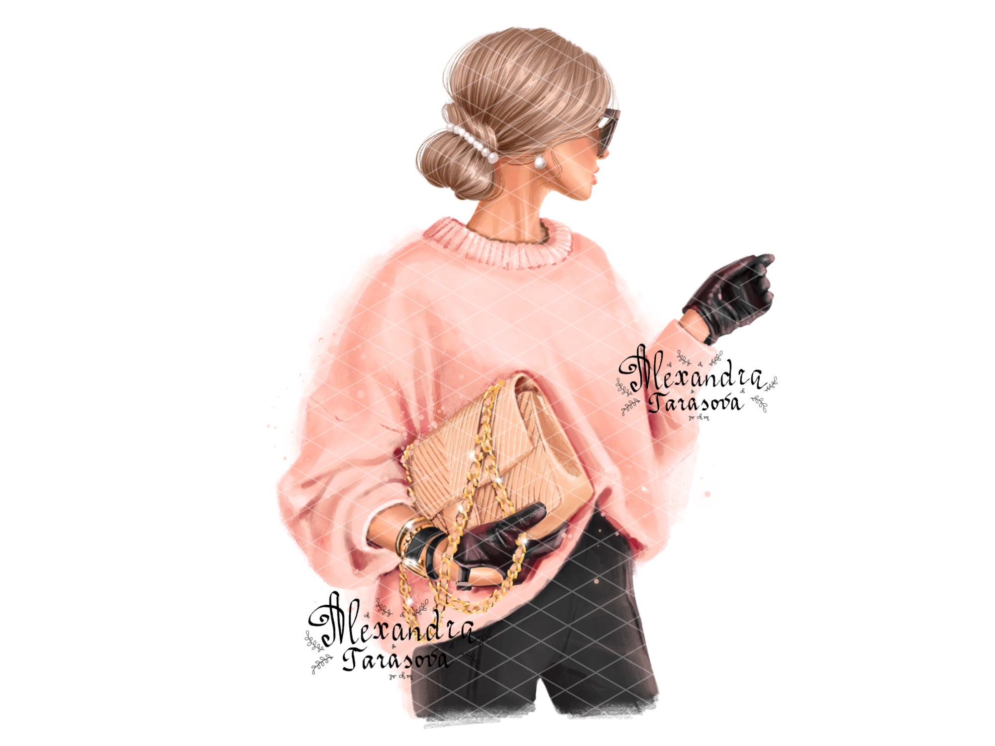 Digital Watercolor Illustration Fashion Girl Trendy Hairstyles Bun Pink Sweater Stylish Bag Painting Printable Art