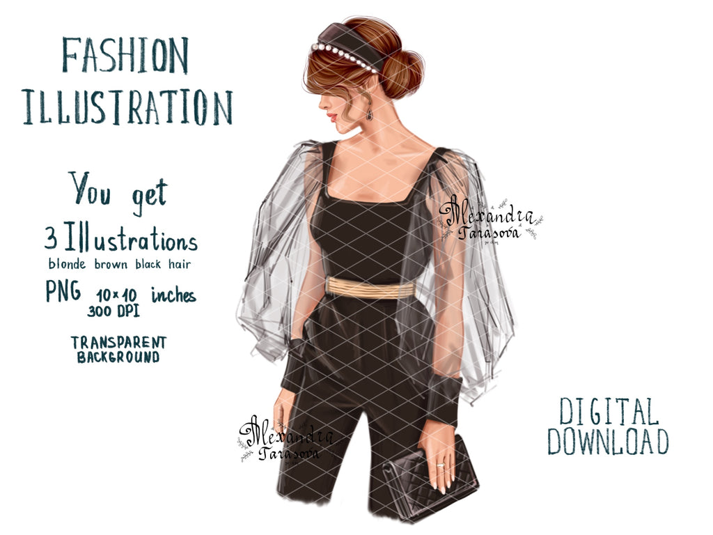 Digital Watercolor Illustration Fashion Girl Black Shirt Trendy Hairstyles Stylish Black Bag Printable Art