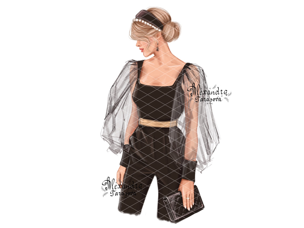 Digital Watercolor Illustration Fashion Girl Black Shirt Trendy Hairstyles Stylish Black Bag Printable Art