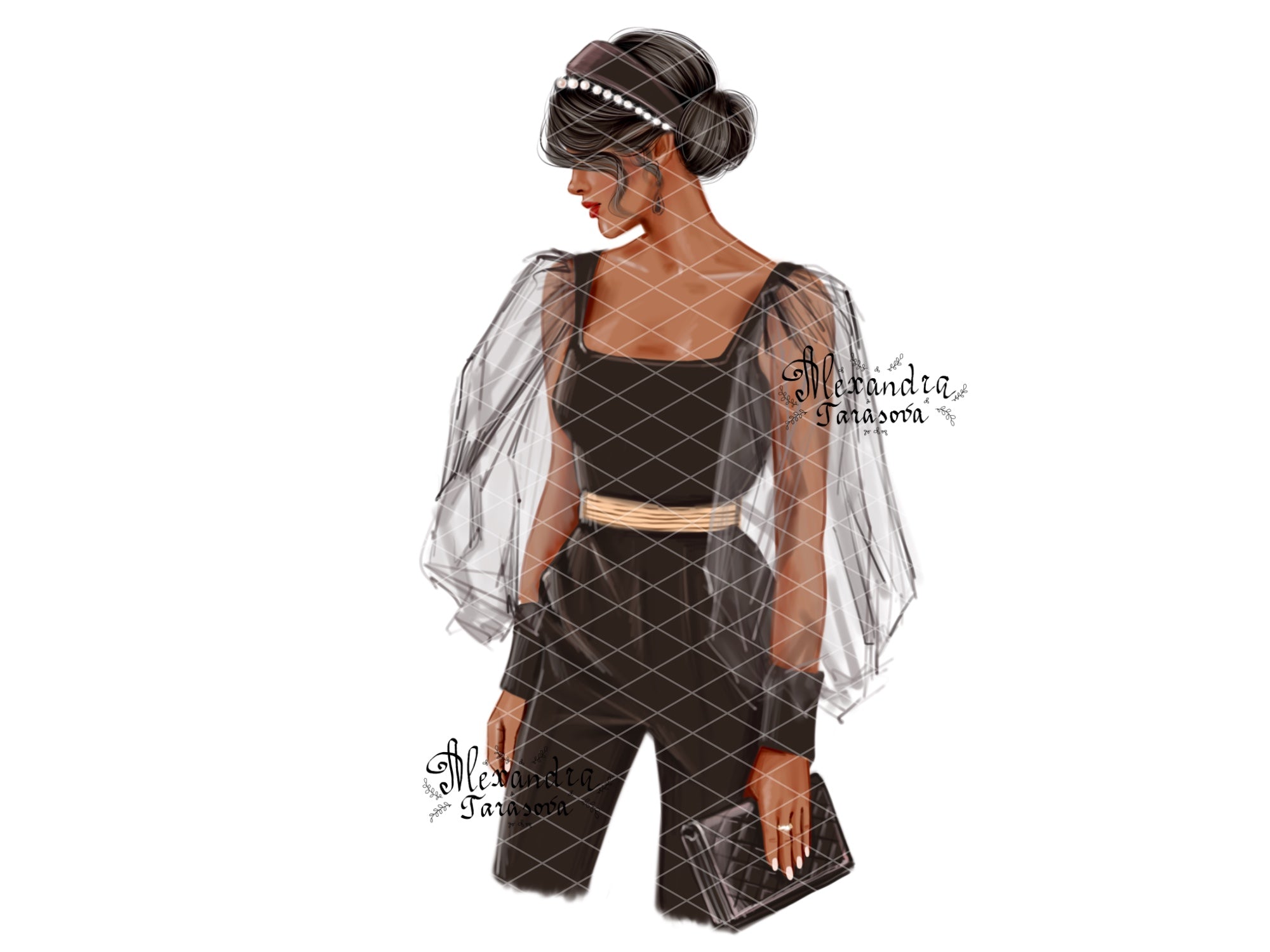 Digital Watercolor Illustration Fashion Girl Black Shirt Trendy Hairstyles Stylish Black Bag Printable Art