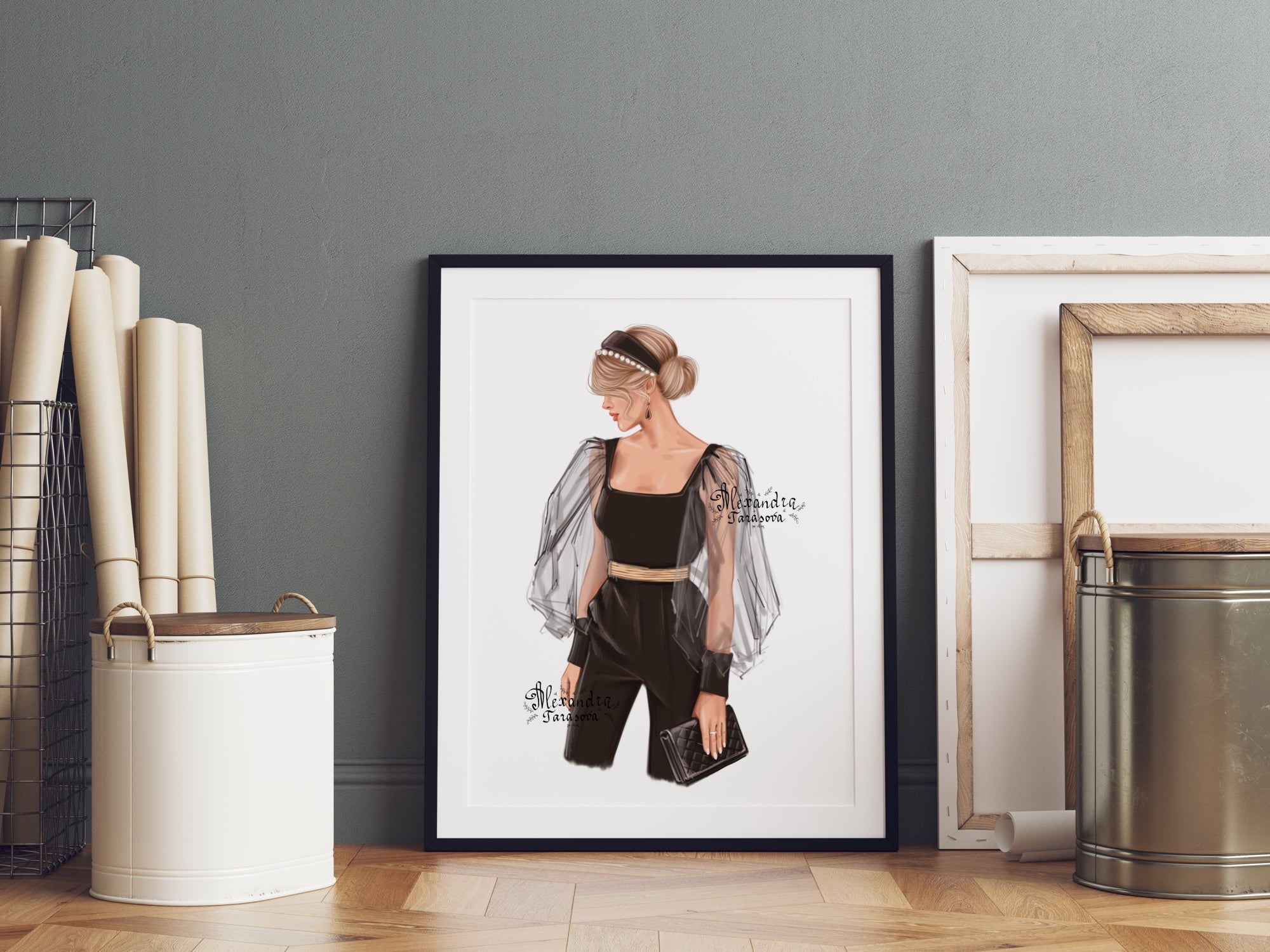Digital Watercolor Illustration Fashion Girl Black Shirt Trendy Hairstyles Stylish Black Bag Printable Art