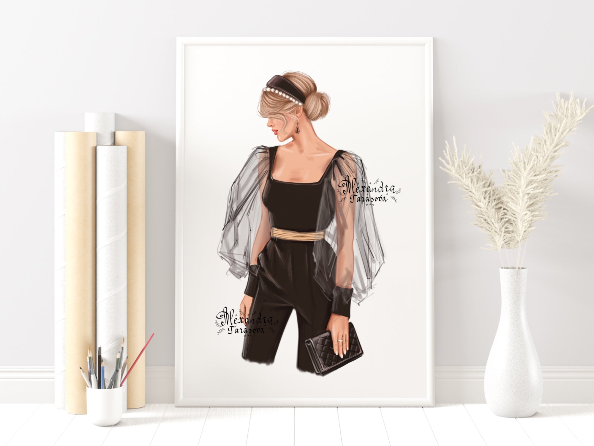 Digital Watercolor Illustration Fashion Girl Black Shirt Trendy Hairstyles Stylish Black Bag Printable Art