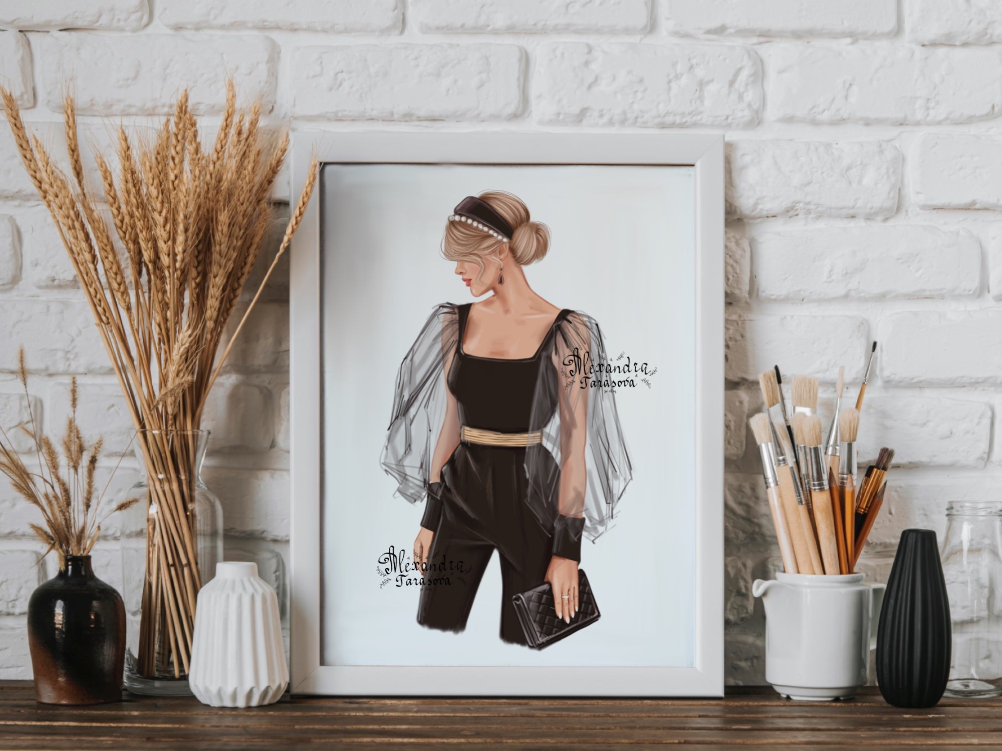 Digital Watercolor Illustration Fashion Girl Black Shirt Trendy Hairstyles Stylish Black Bag Printable Art