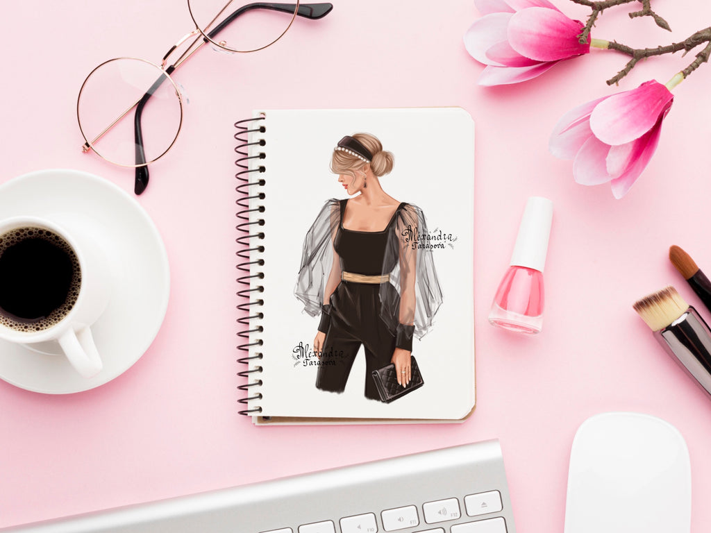 Digital Watercolor Illustration Fashion Girl Black Shirt Trendy Hairstyles Stylish Black Bag Printable Art