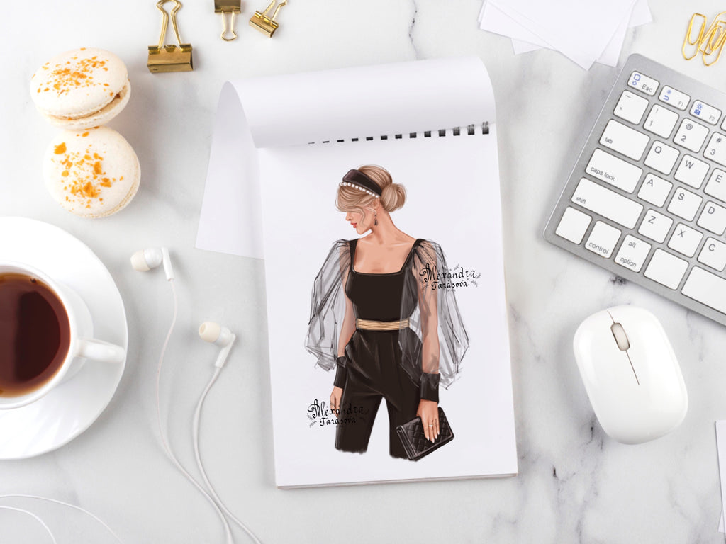 Digital Watercolor Illustration Fashion Girl Black Shirt Trendy Hairstyles Stylish Black Bag Printable Art