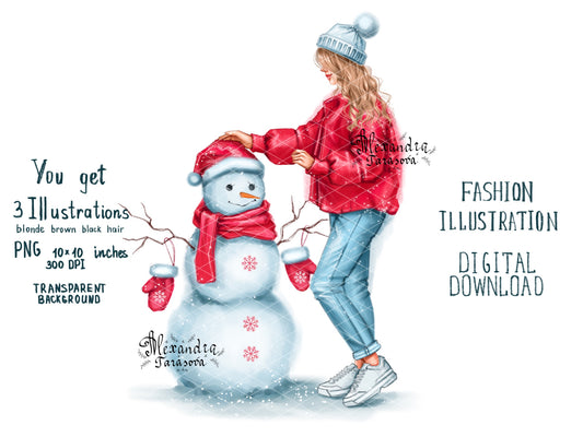 Digital Watercolor Illustration Fashion Girl Christmas Gifts Winter Snowman Wavy Trendy Hairstyles Printable Art