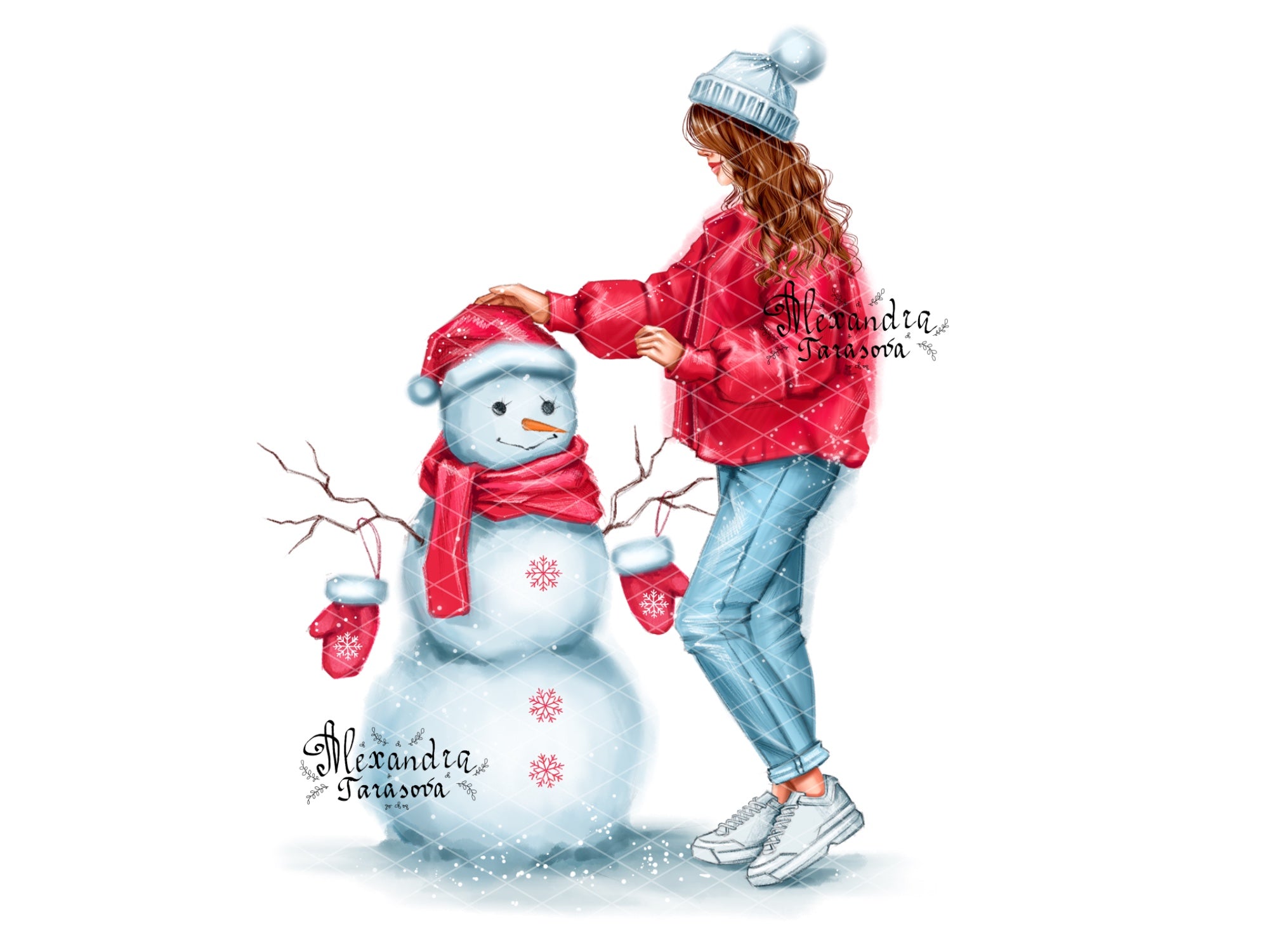 Digital Watercolor Illustration Fashion Girl Christmas Gifts Winter Snowman Wavy Trendy Hairstyles Printable Art