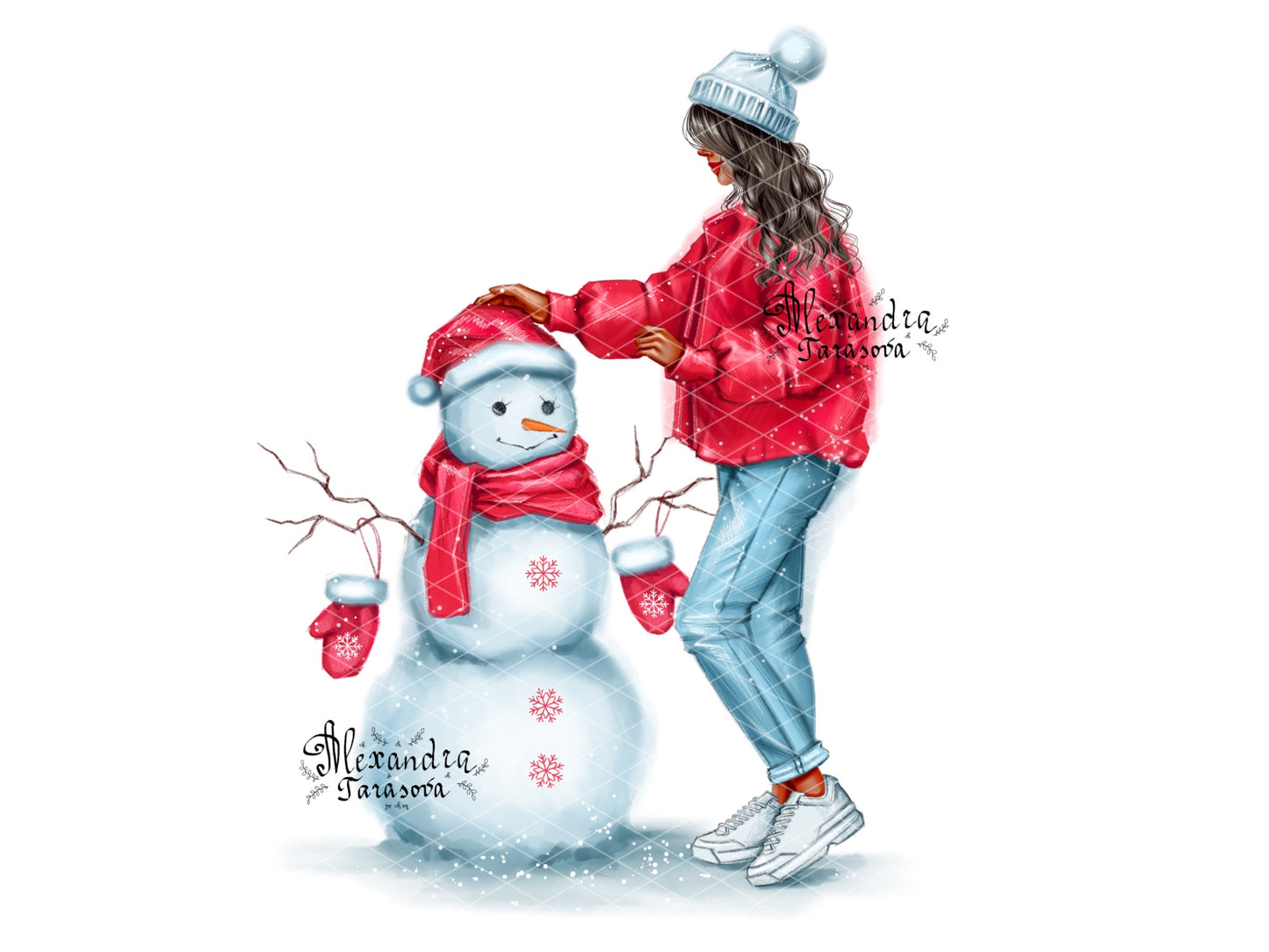 Digital Watercolor Illustration Fashion Girl Christmas Gifts Winter Snowman Wavy Trendy Hairstyles Printable Art