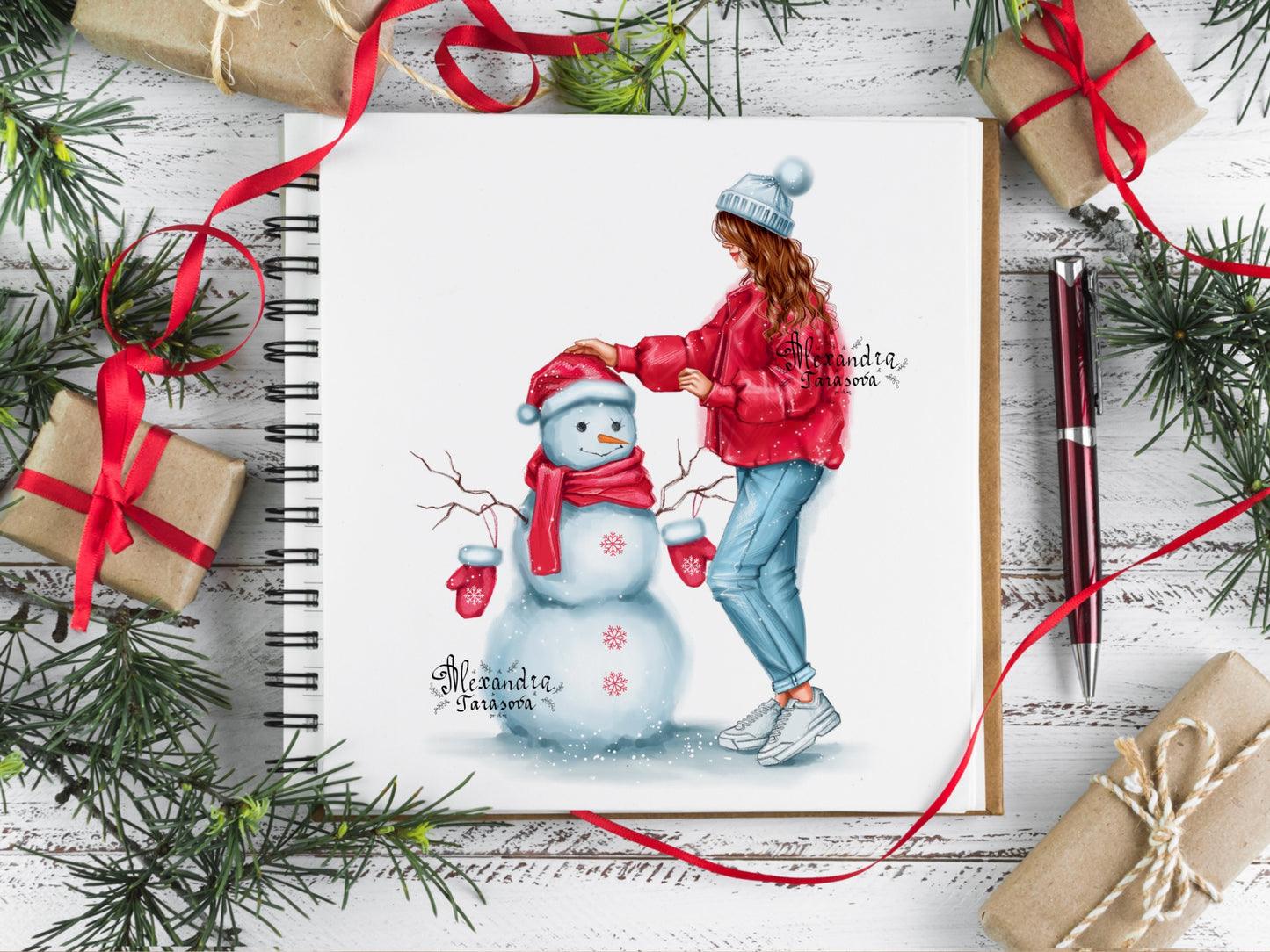 Digital Watercolor Illustration Fashion Girl Christmas Gifts Winter Snowman Wavy Trendy Hairstyles Printable Art