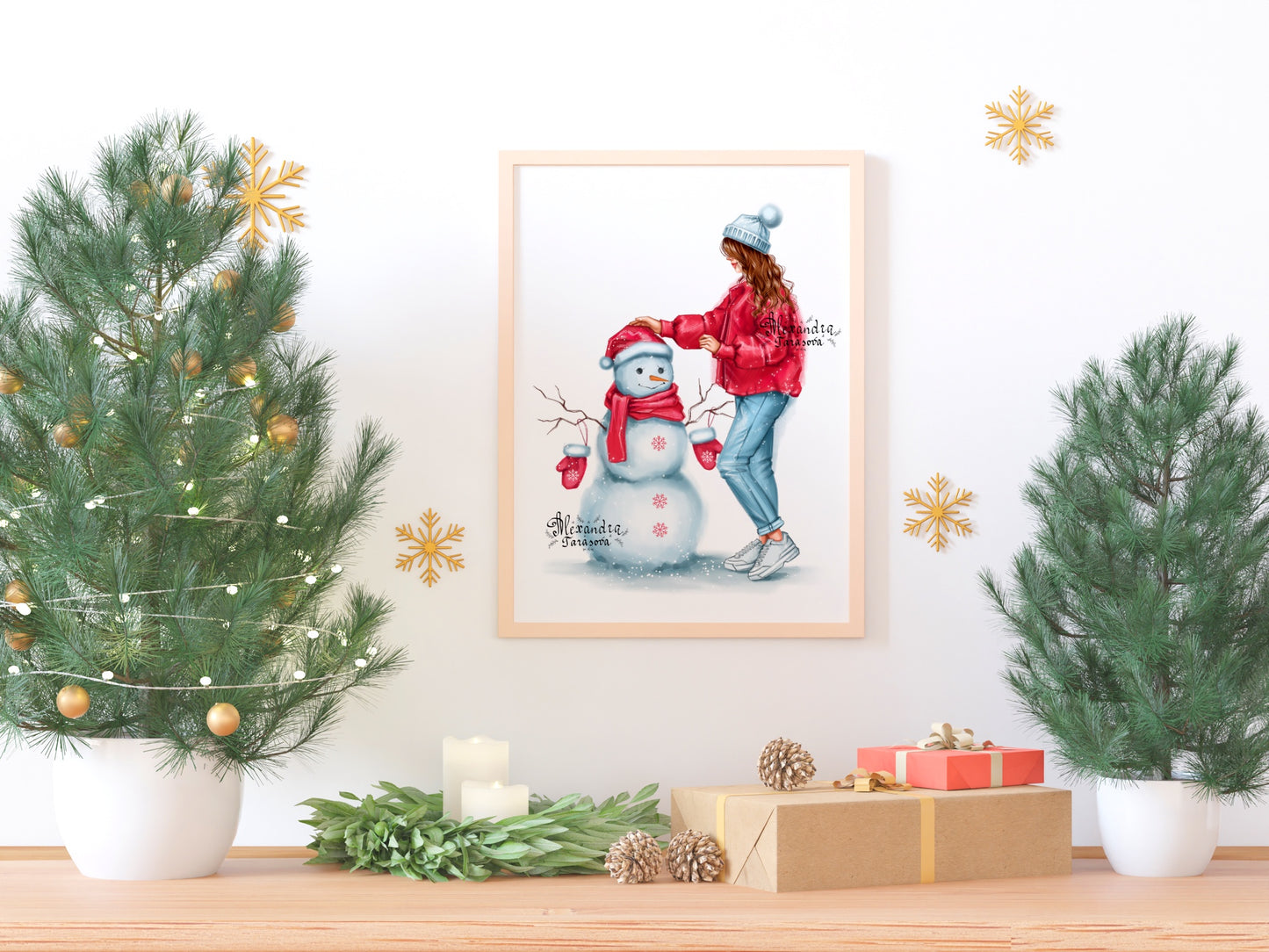 Digital Watercolor Illustration Fashion Girl Christmas Gifts Winter Snowman Wavy Trendy Hairstyles Printable Art