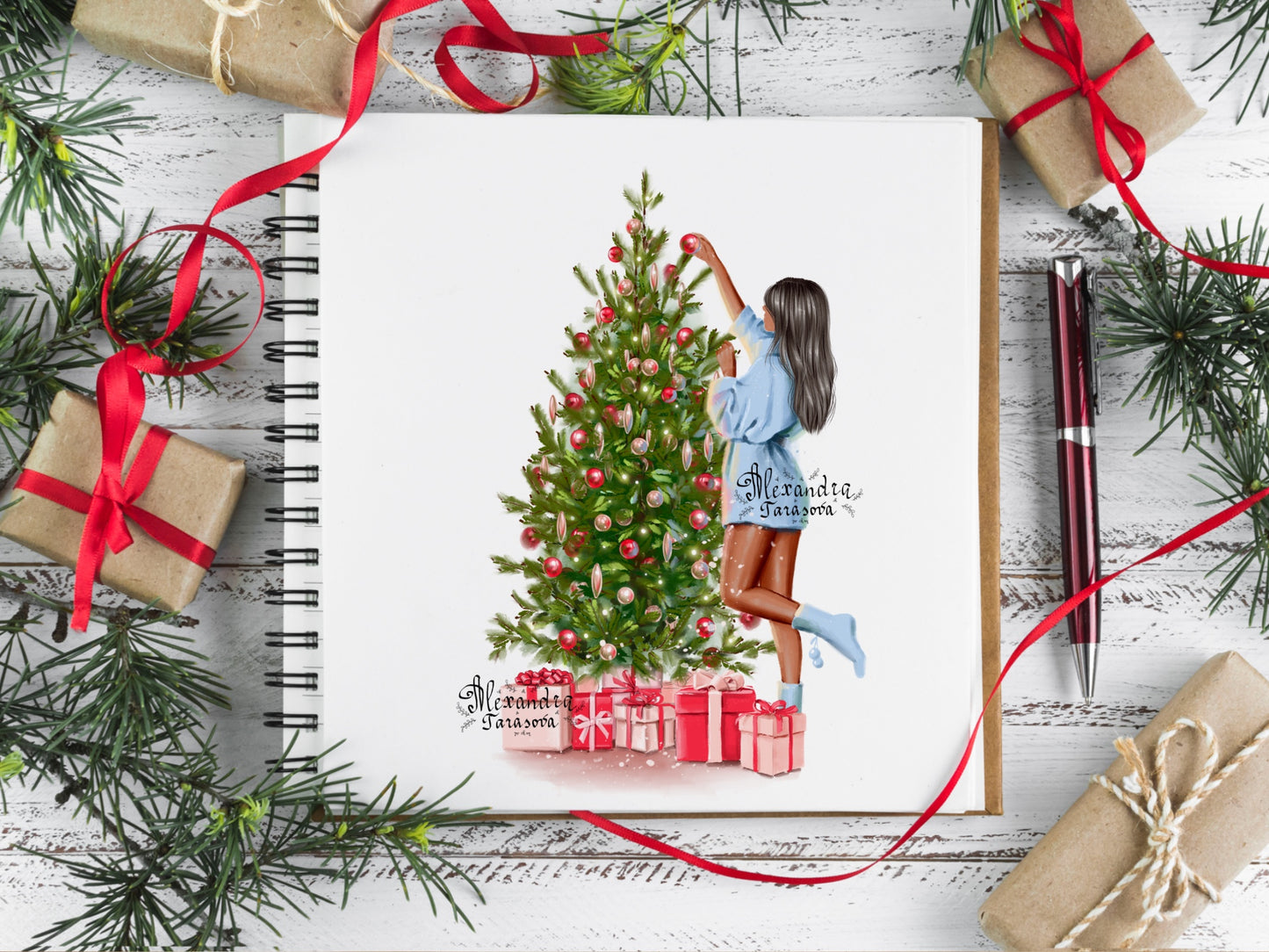 Digital Watercolor Illustration Fashion Girl Christmas Tree Winter Holiday Trendy Hairstyles Black Girl Stylish Blue Sweater Dress Printable Artwork