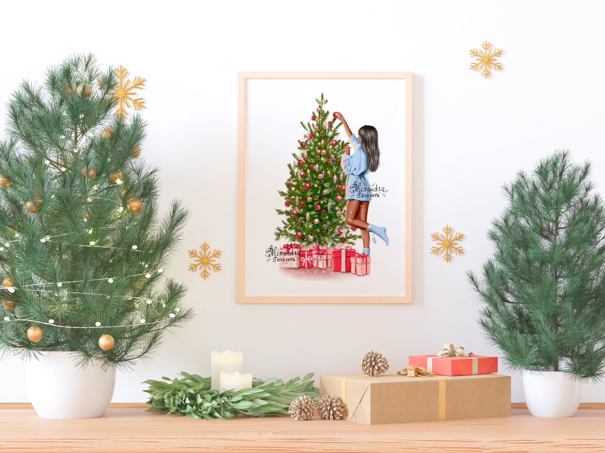 Digital Watercolor Illustration Fashion Girl Christmas Tree Winter Holiday Trendy Hairstyles Black Girl Stylish Blue Sweater Dress Printable Artwork