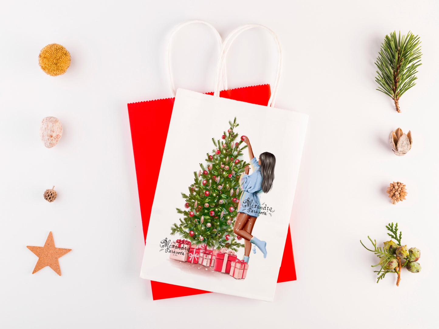 Digital Watercolor Illustration Fashion Girl Christmas Tree Winter Holiday Trendy Hairstyles Black Girl Stylish Blue Sweater Dress Printable Artwork