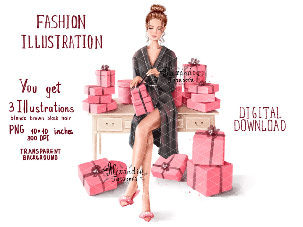 Digital Watercolor Illustration Fashion Girl Pink Box Gifts Trendy Hairstyles Bun Black Robe Printable Art