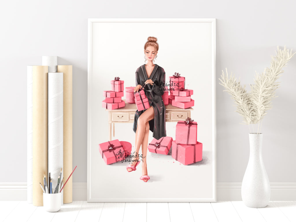 Digital Watercolor Illustration Fashion Girl Pink Box Gifts Trendy Hairstyles Bun Black Robe Printable Art