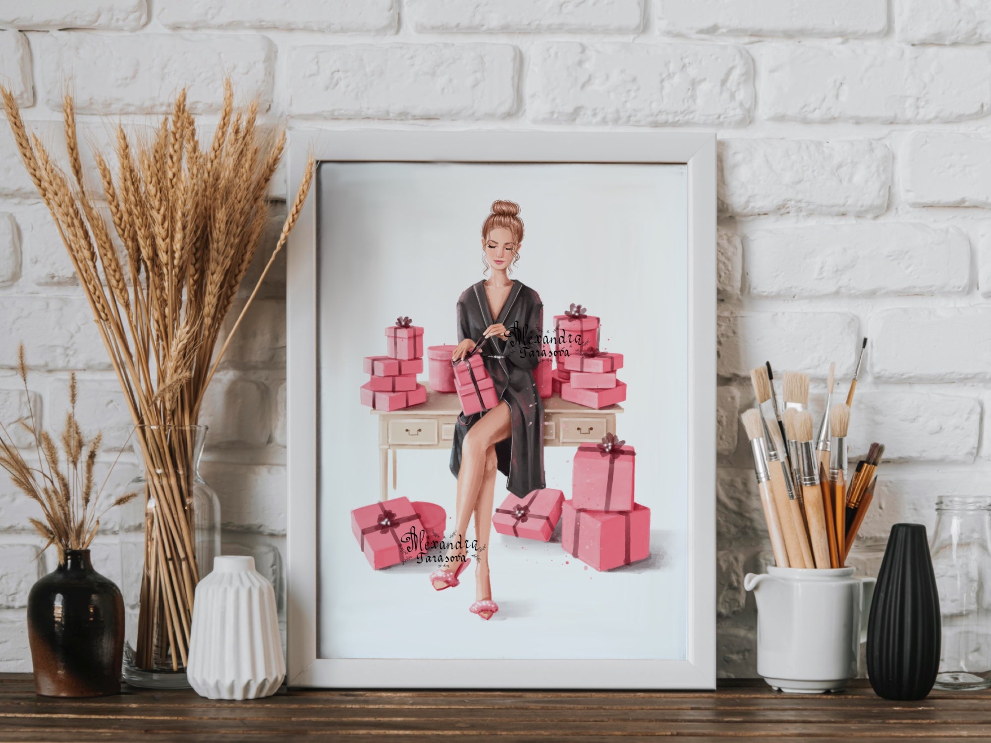 Digital Watercolor Illustration Fashion Girl Pink Box Gifts Trendy Hairstyles Bun Black Robe Printable Art