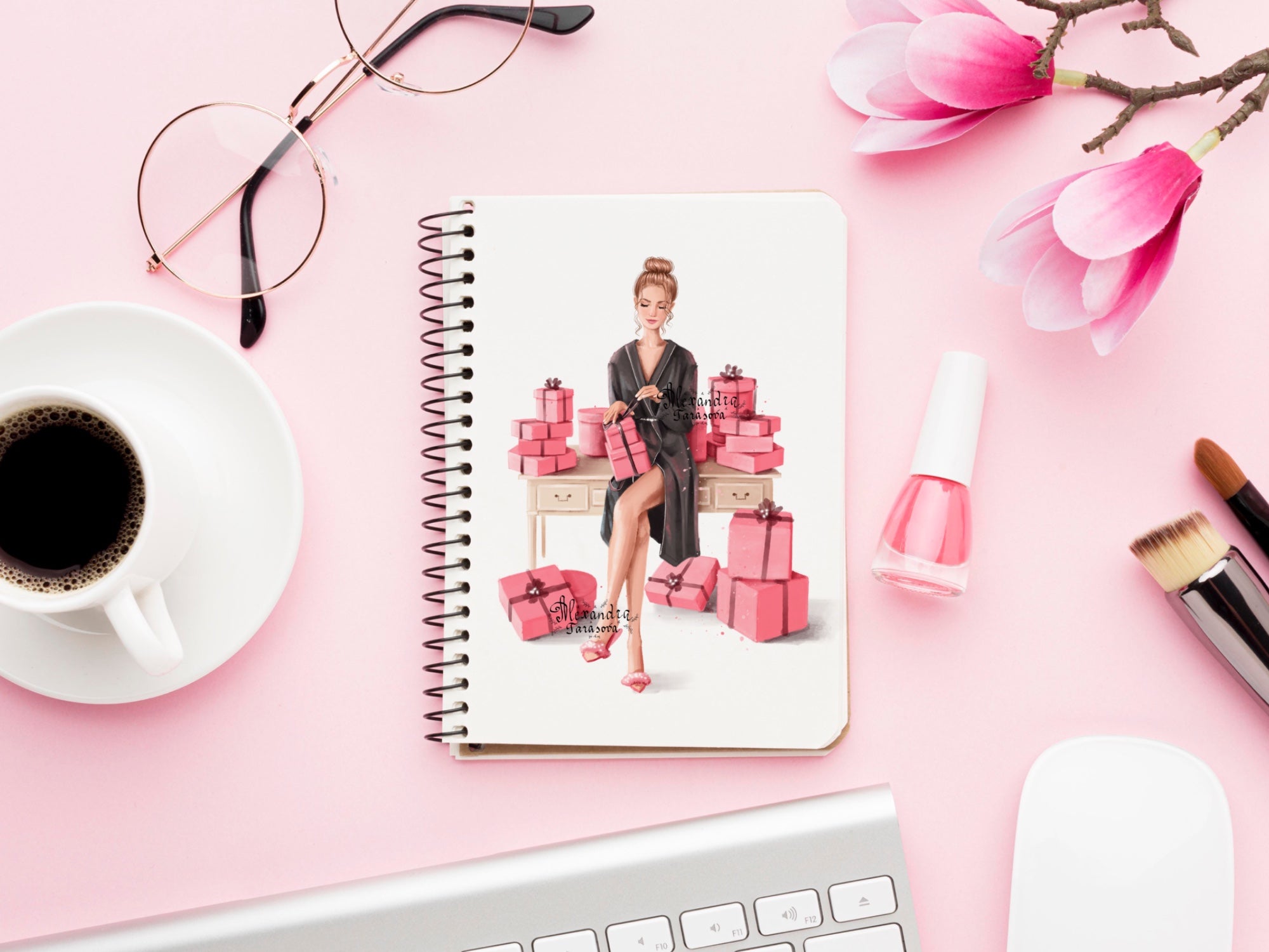 Digital Watercolor Illustration Fashion Girl Pink Box Gifts Trendy Hairstyles Bun Black Robe Printable Art