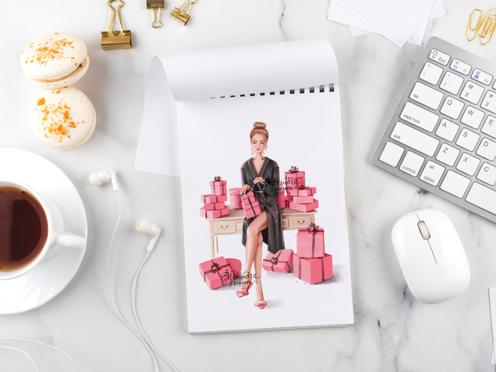 Digital Watercolor Illustration Fashion Girl Pink Box Gifts Trendy Hairstyles Bun Black Robe Printable Art