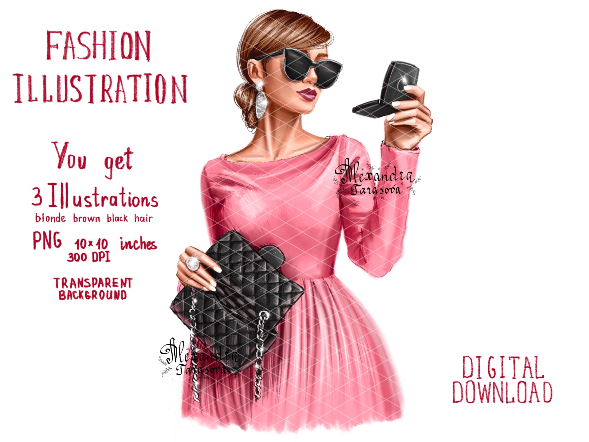 Digital Watercolor Illustration Fashion Girl Stylish Pink Dress Trendy Hairstyles Bun Black Bag Painting Printable Art