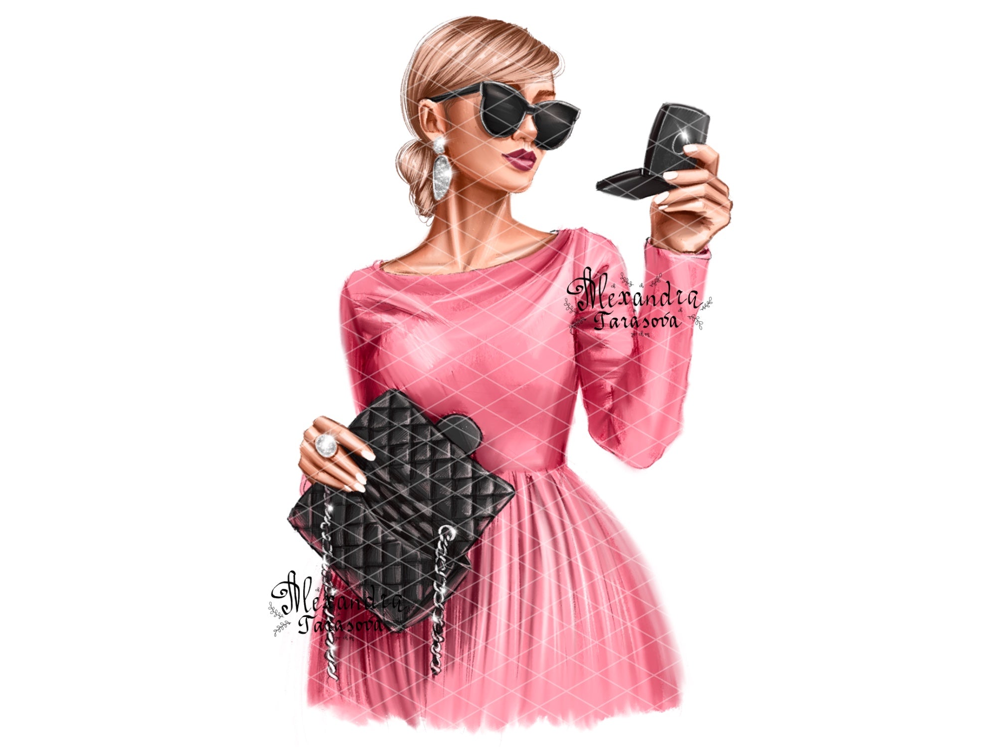 Digital Watercolor Illustration Fashion Girl Stylish Pink Dress Trendy Hairstyles Bun Black Bag Painting Printable Art