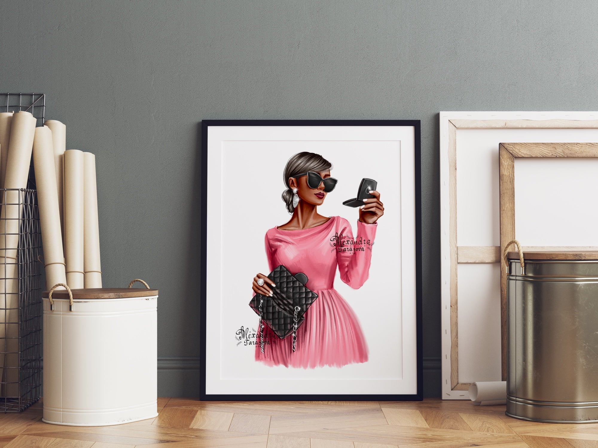 Digital Watercolor Illustration Fashion Girl Stylish Pink Dress Trendy Hairstyles Bun Black Bag Painting Printable Art