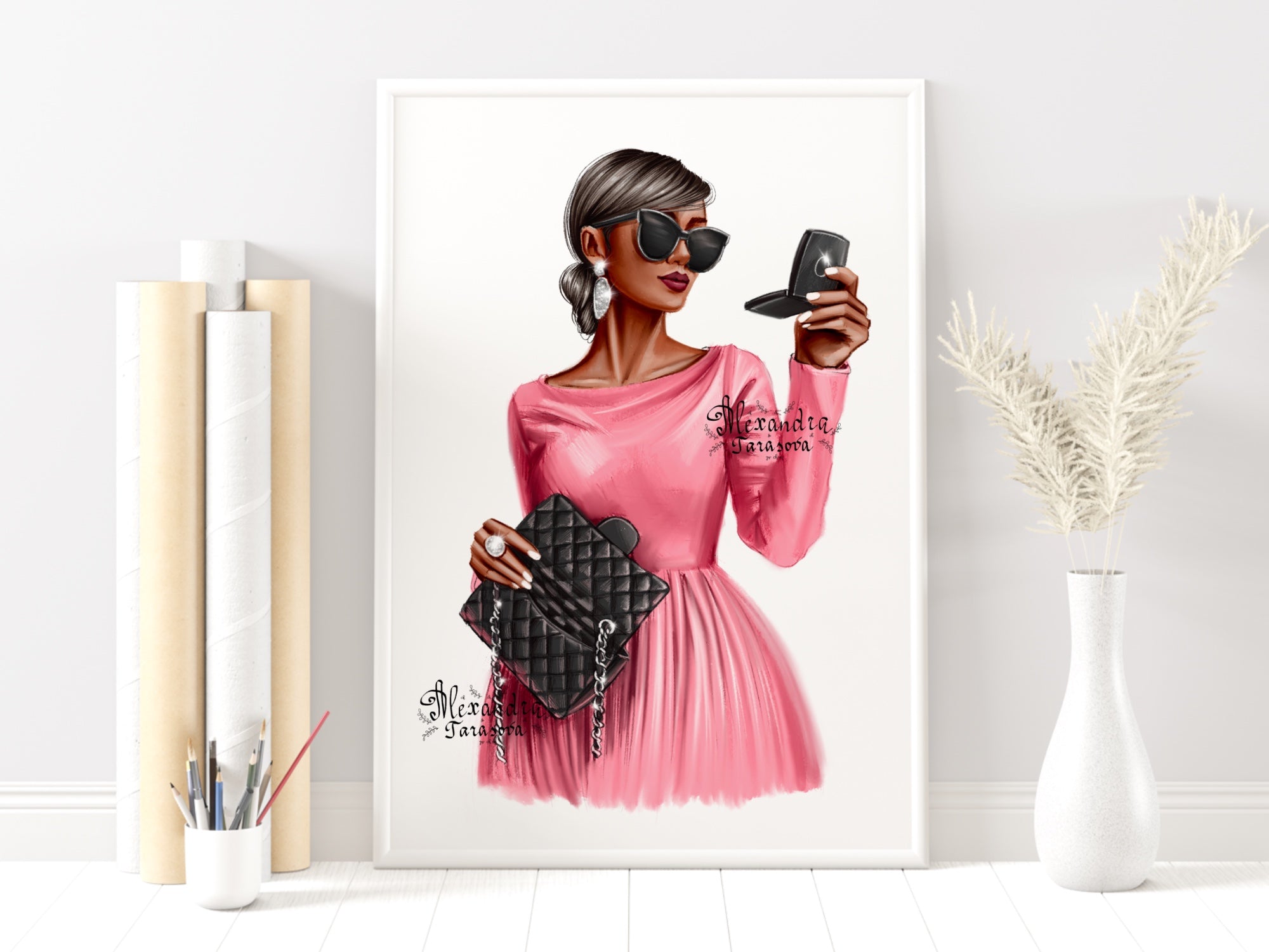 Digital Watercolor Illustration Fashion Girl Stylish Pink Dress Trendy Hairstyles Bun Black Bag Painting Printable Art