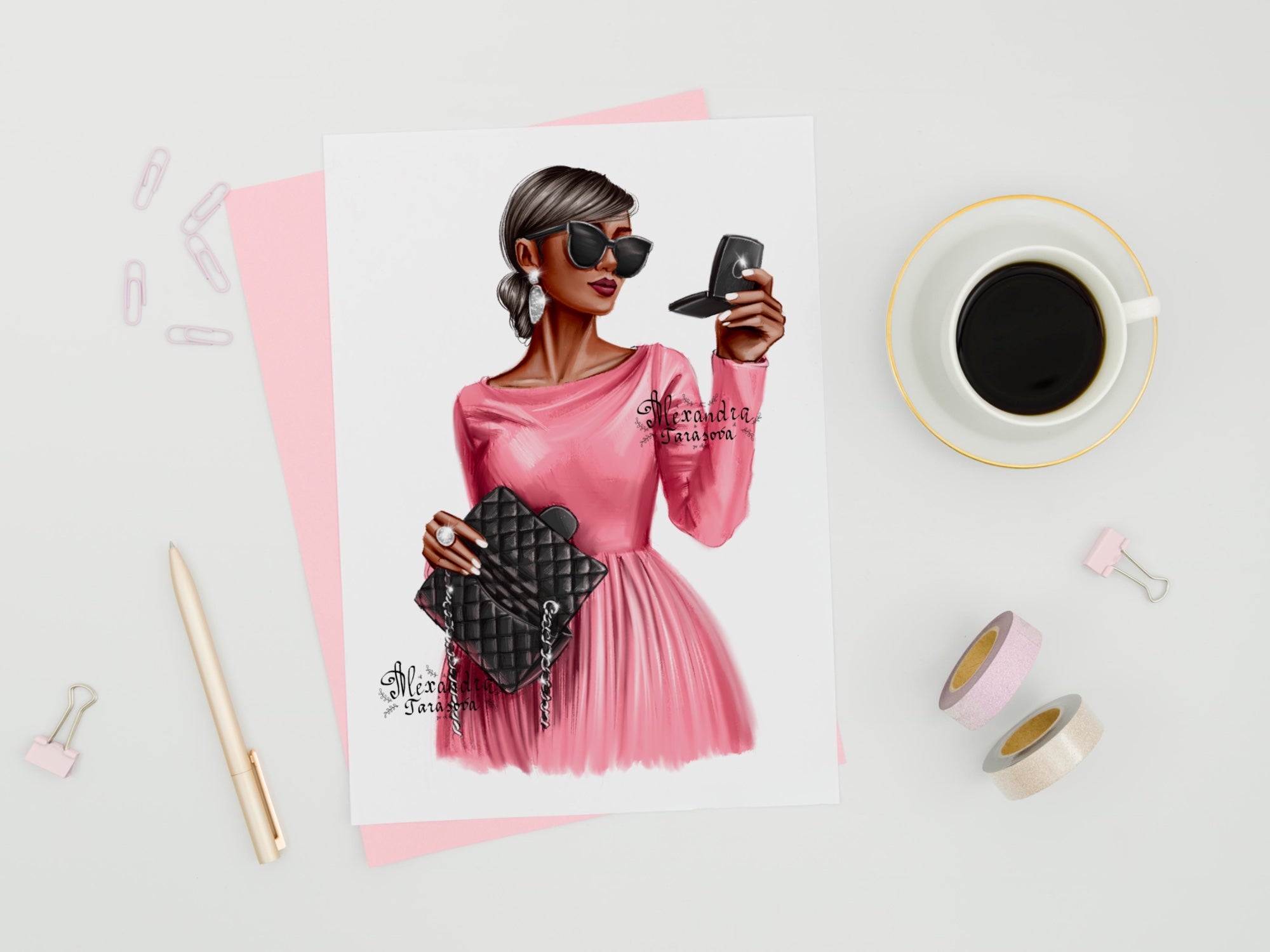 Digital Watercolor Illustration Fashion Girl Stylish Pink Dress Trendy Hairstyles Bun Black Bag Painting Printable Art