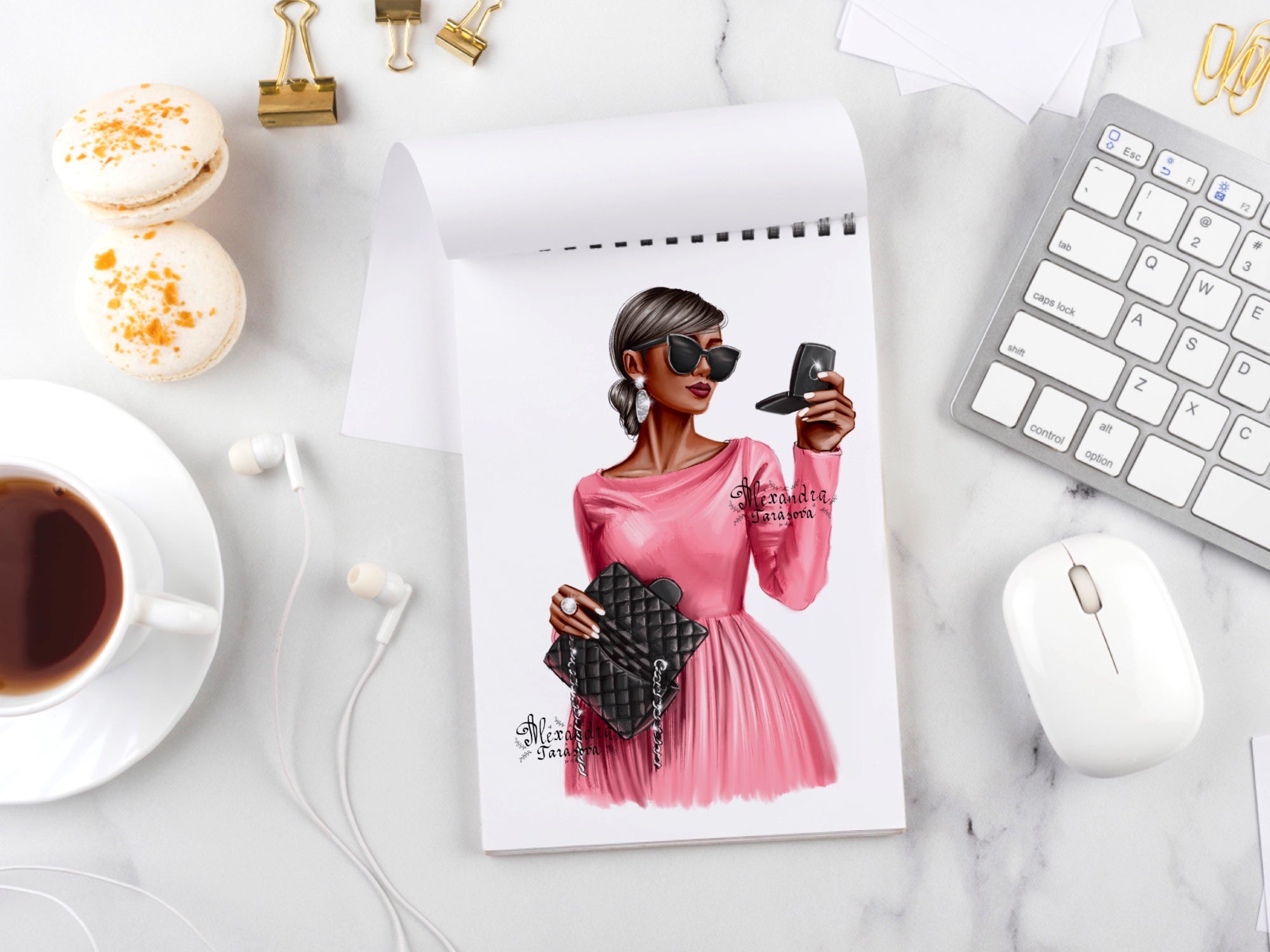 Digital Watercolor Illustration Fashion Girl Stylish Pink Dress Trendy Hairstyles Bun Black Bag Painting Printable Art